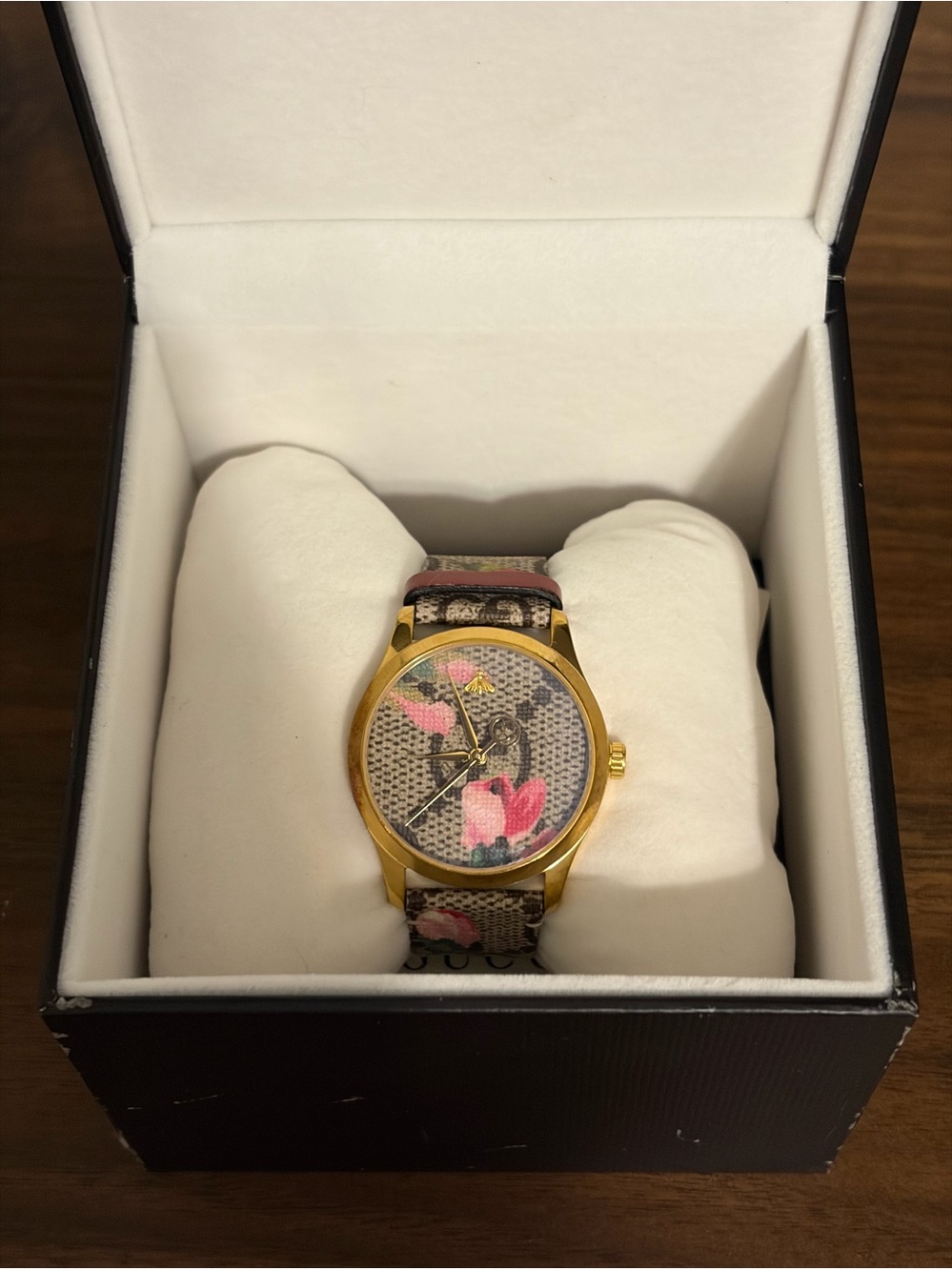 Gucci Gold-Tone Watch with Pink Floral Dial and Leather Patterned Strap